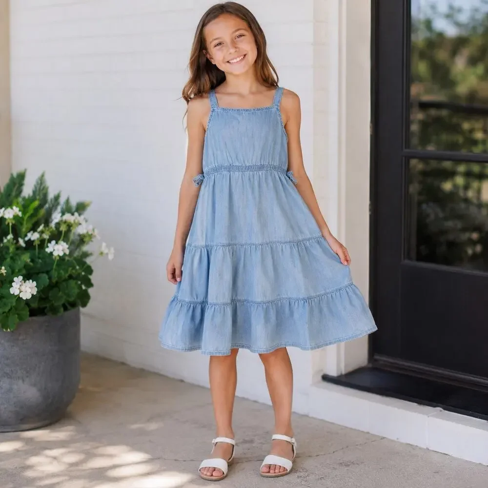 Gap Kids Chambray Tiered Midi Dress Girls Medium 8-9 Light Wash Cotton